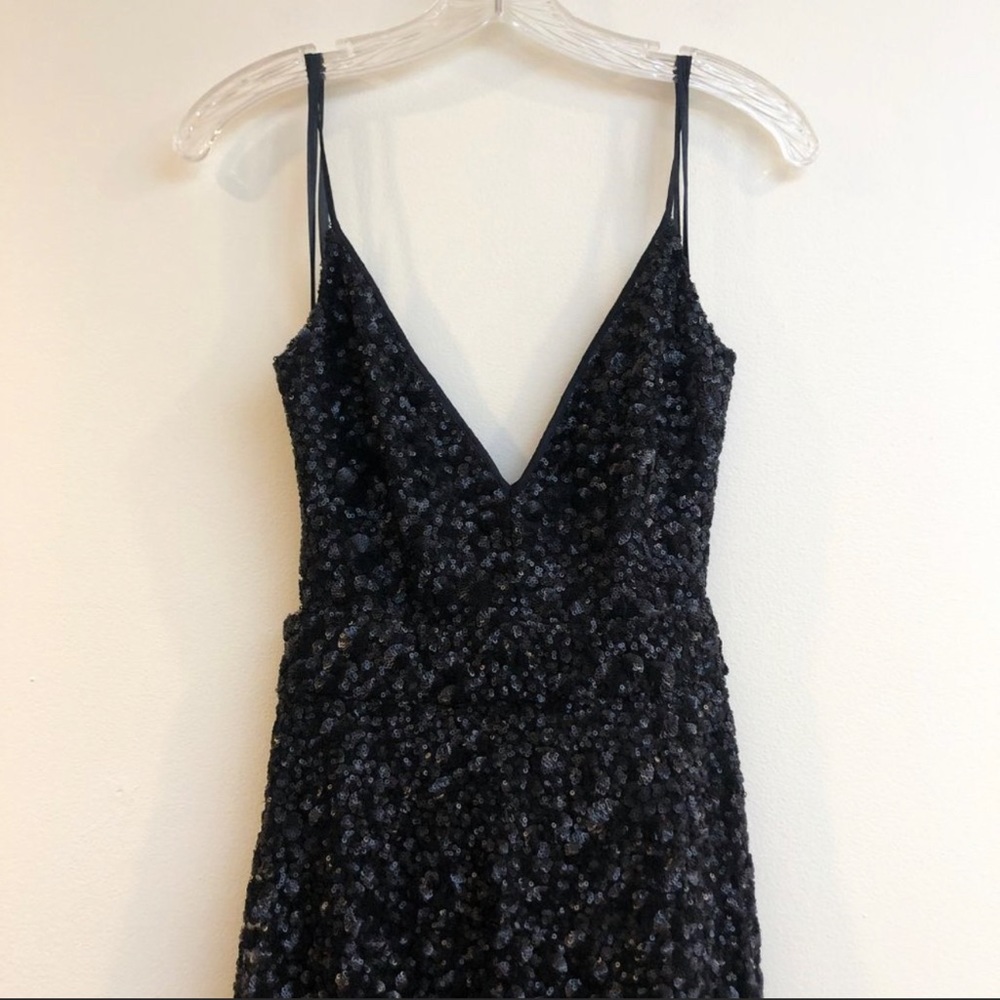 Contrarian V Neck Backless Formal Black Sequin Bardot Bibb Maxi Dress XS NWT